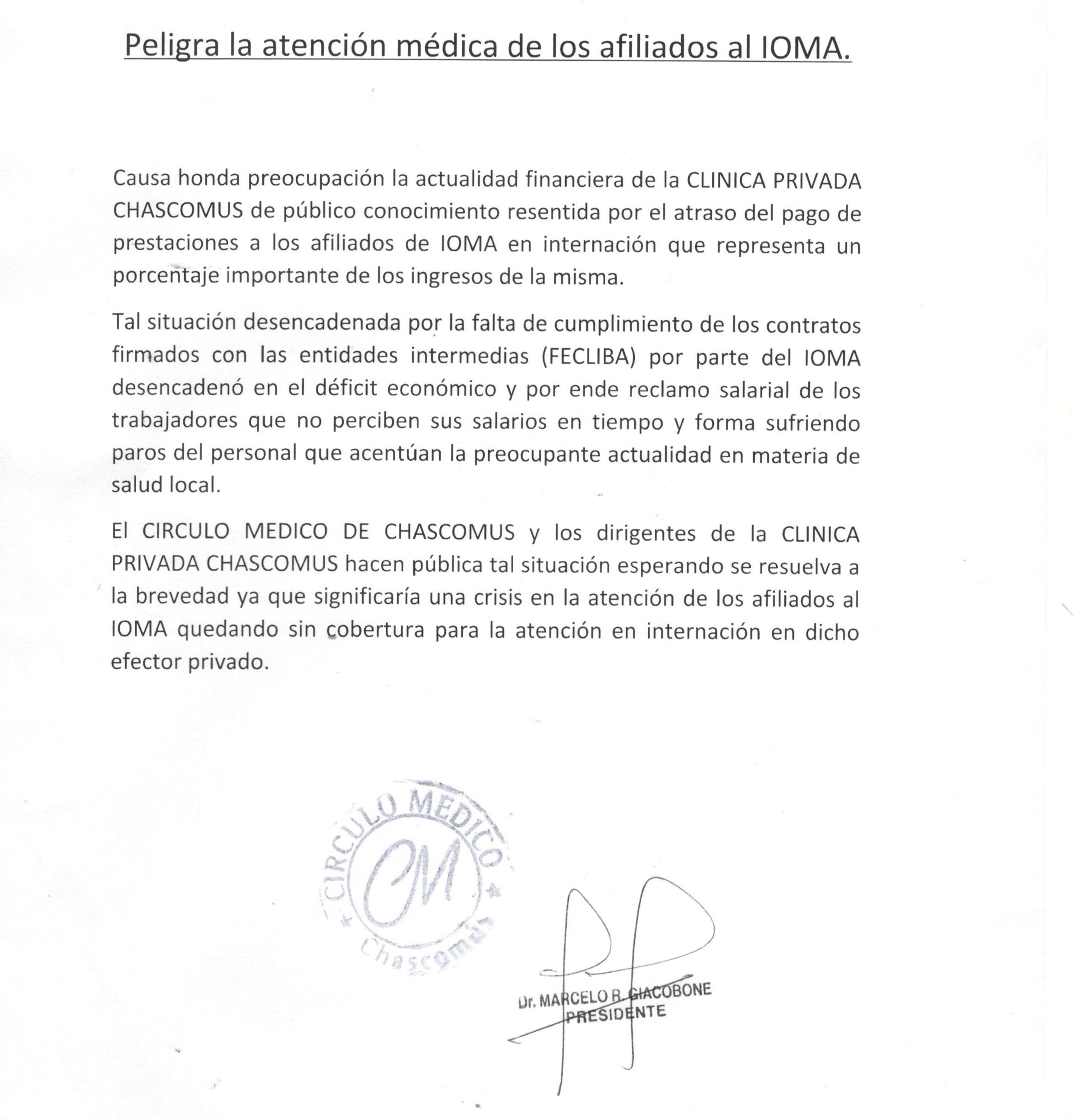 Chascomús: peligra la atención médica a los afiliados al ioma en la clínica 3 Chascomús: peligra la atención médica a los afiliados al ioma en la clínica