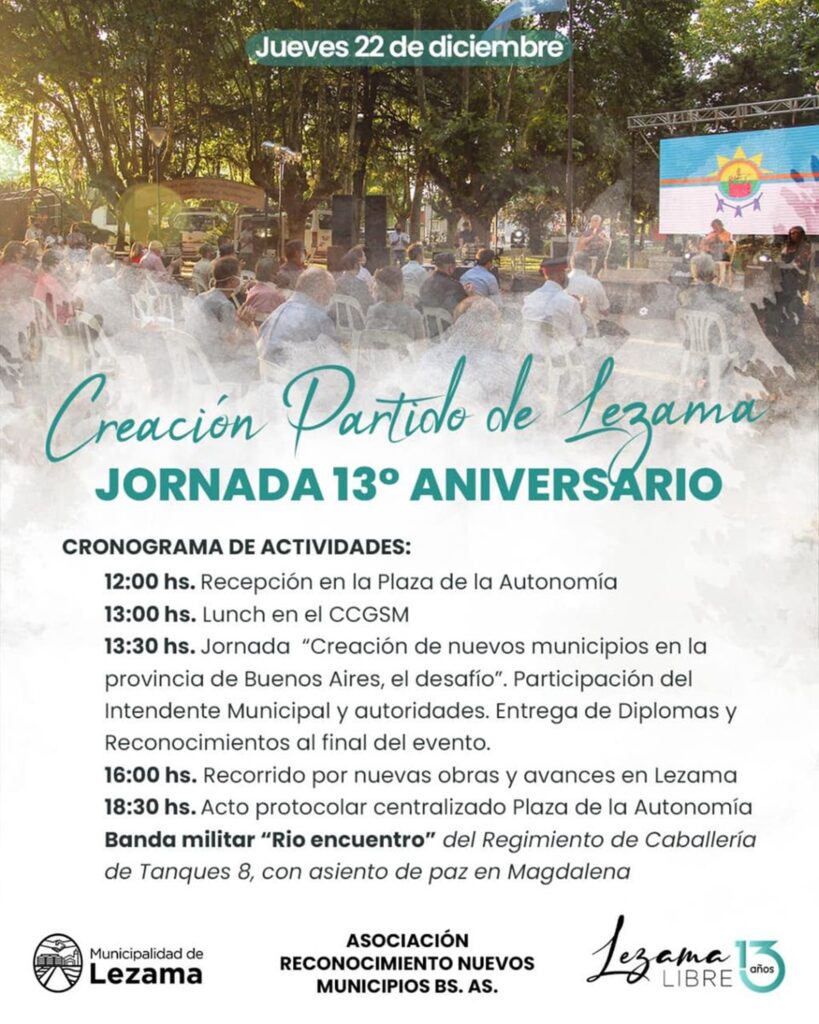 Lezama: hoy el distrito cumple 13 años y lo festeja con actos y espectáculos artísticos