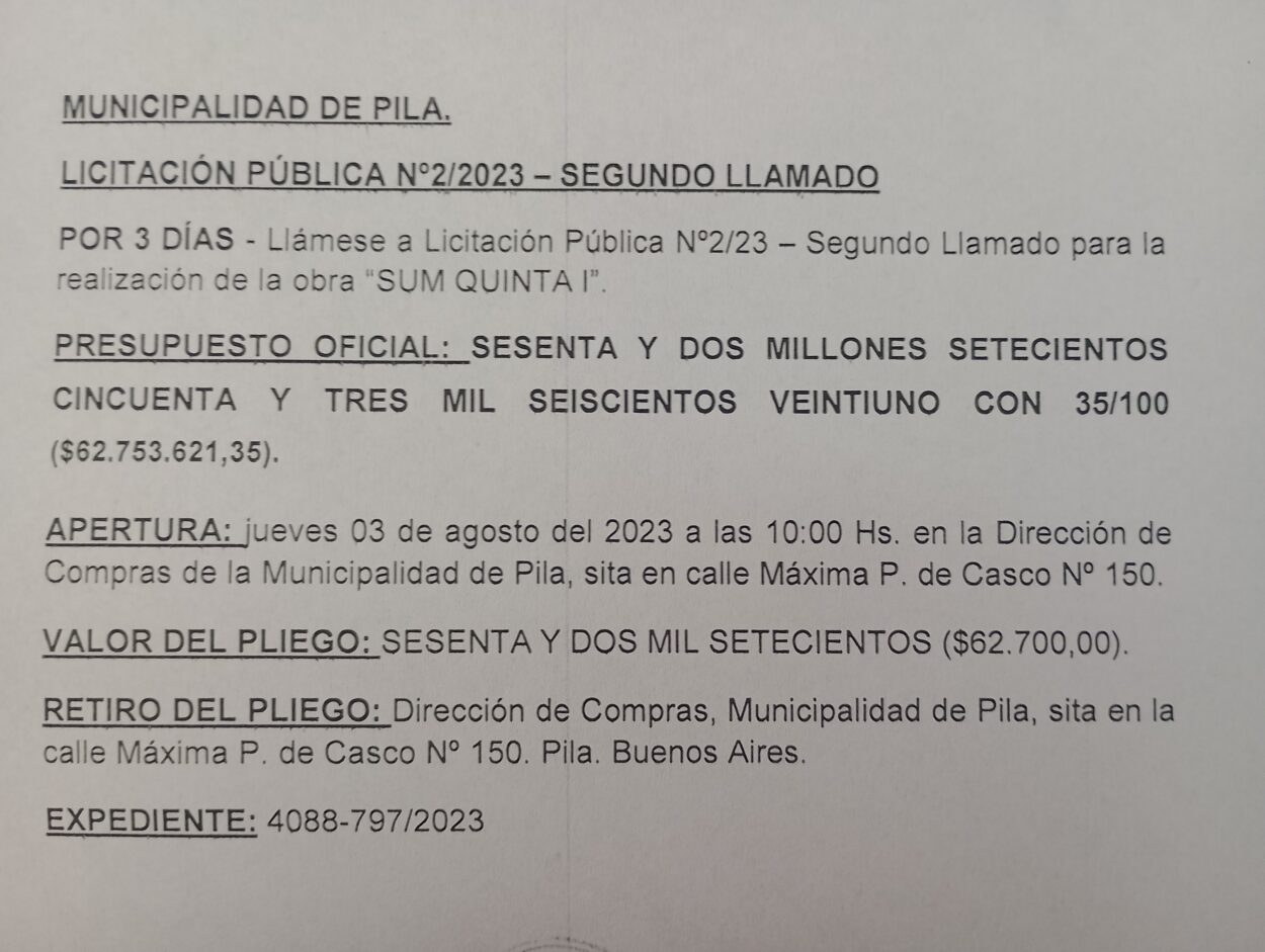 Pila: llaman a licitación pública para la obra "sum quinta i"