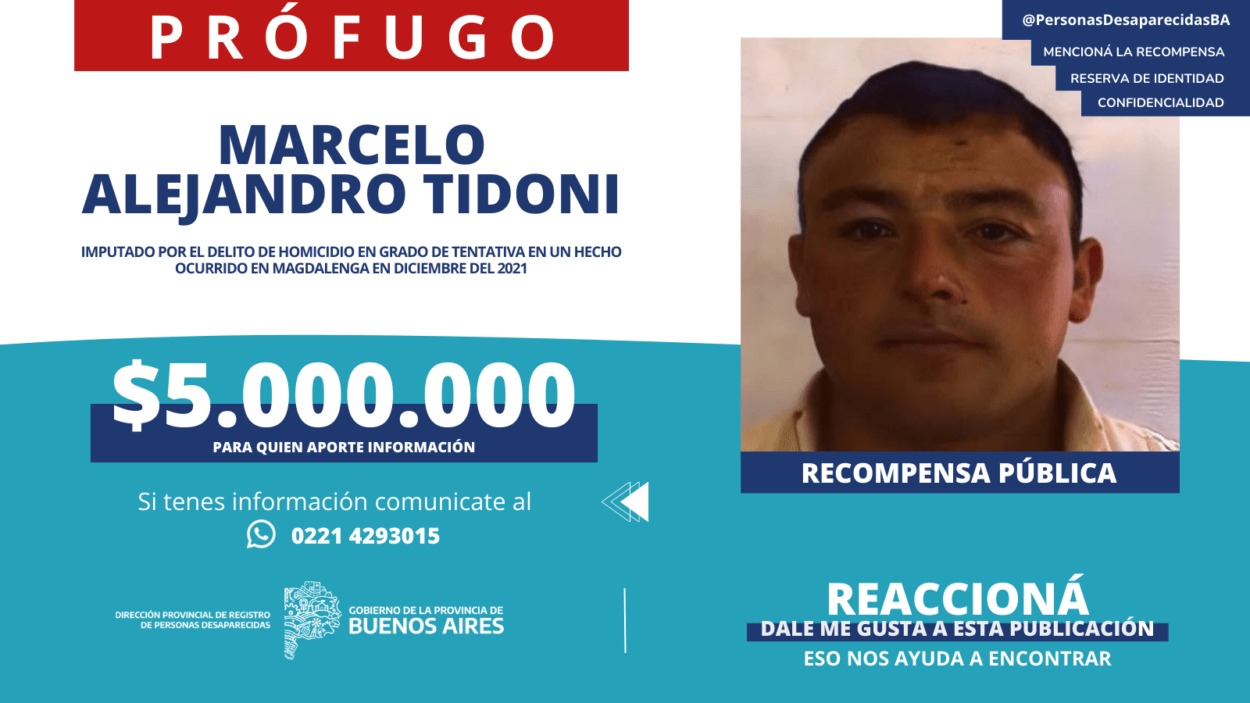 Ofrecen millonaria recompensa por información sobre un prófugo imputado por asesinato en magdalena